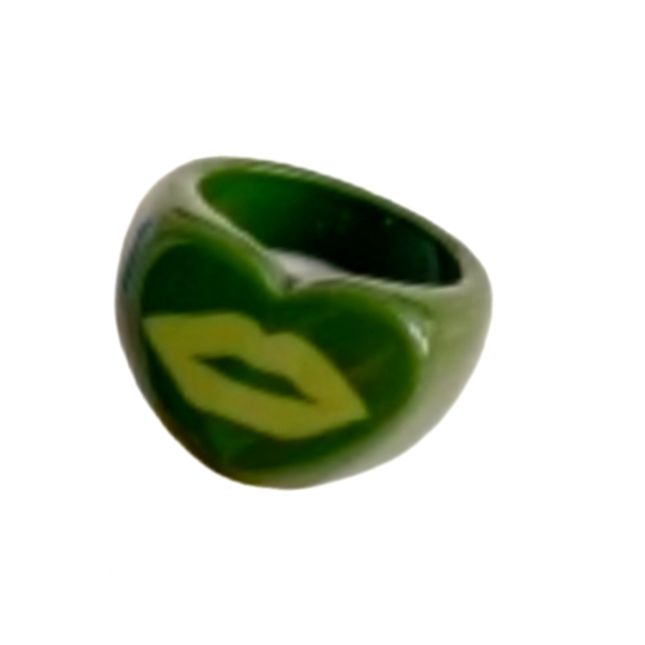 None Jewelry - Y2K Chunky Lips in Heart Ring Olive Green Colored Y2K Rings Great For Stacking